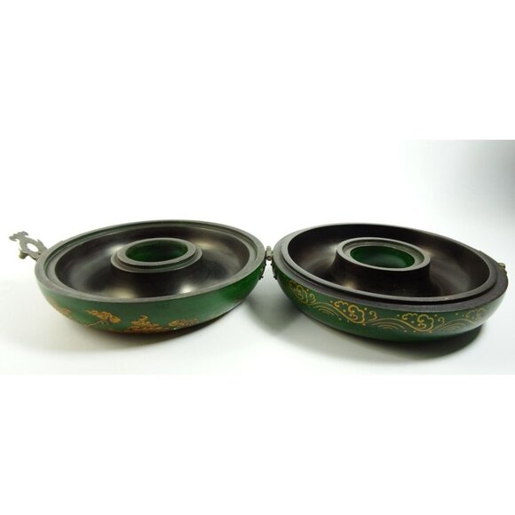 Vintage Asian Round Donut Necklace Jewelry Trinket Box Green Dragons Hinged - Picture 8 of 11